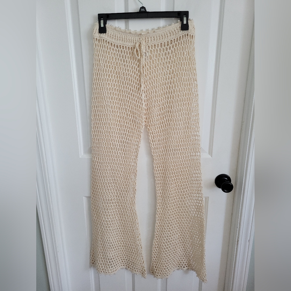 12th Tribe Cream Crochet Knit Pearl Trim Cover Up Pants Women’s Small Boho